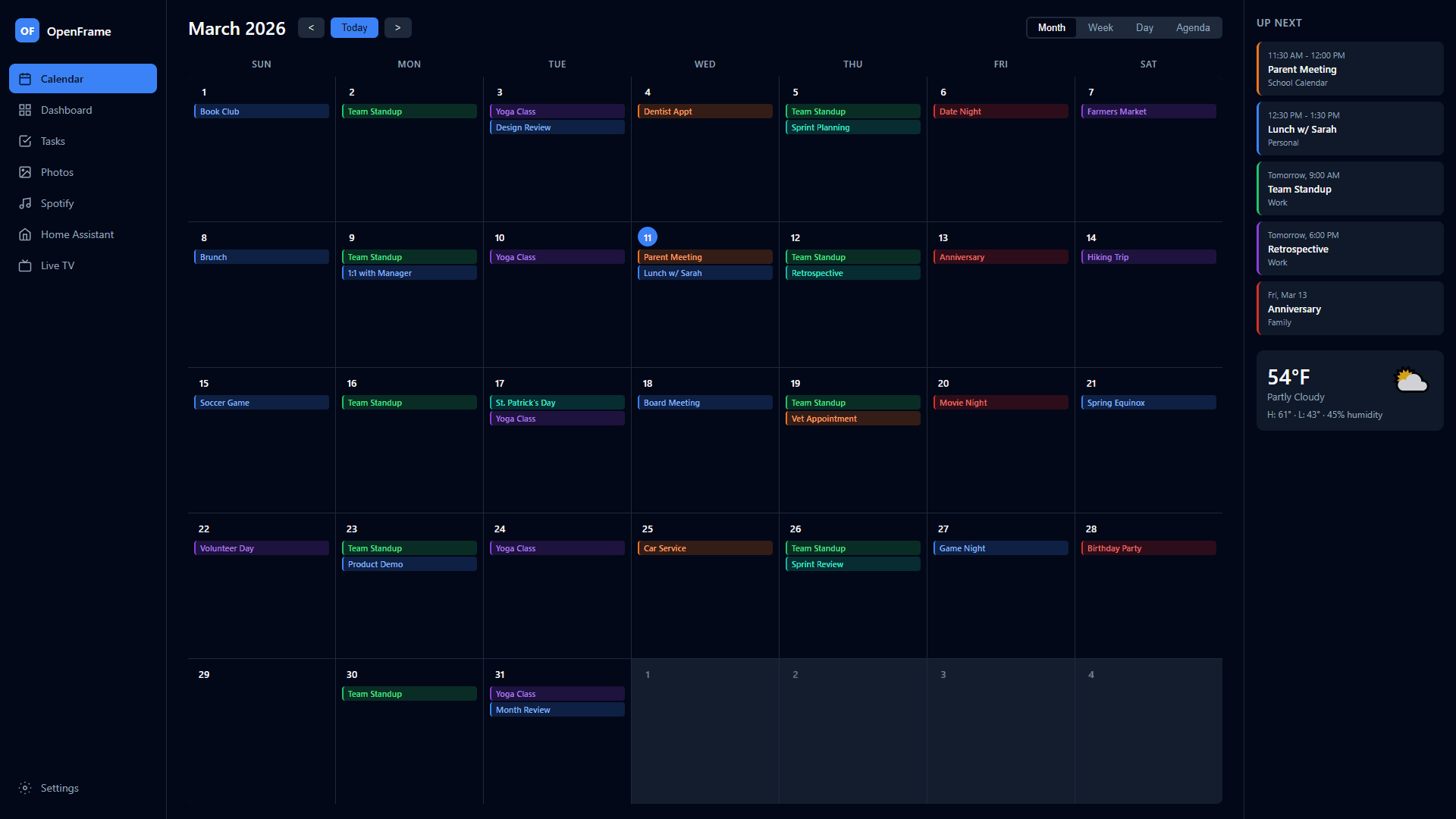 OpenFrame calendar view with color-coded events and weather